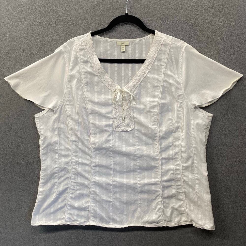 J Jill‎ Lace Detail V Neck Short Sleeve Top Womens 20W White Cottagecore